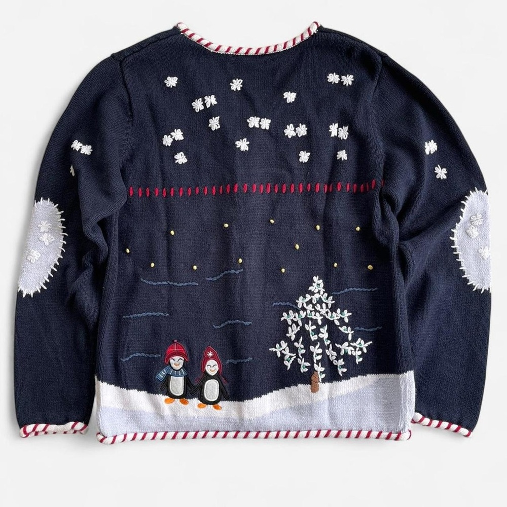 Dress Barn Navy Blue Knit Christmas Holiday Snowman Penguin Embroidered Cardigan - Picture 5 of 7